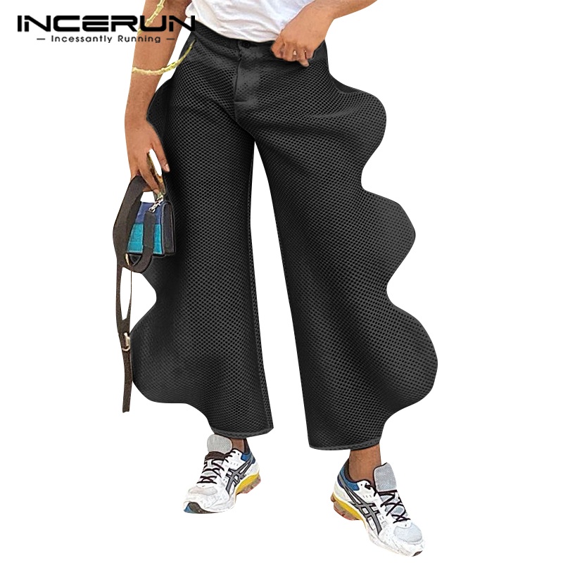 Quần dài INCERUN vải lưới xuyên thấu thiết kế gợn sóng thời trang dành cho nam
