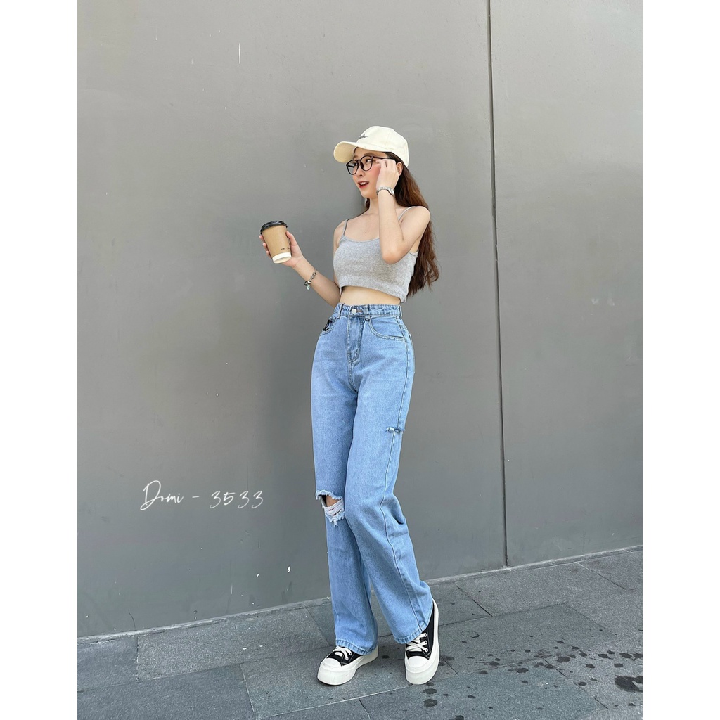 Quần Jean Rách Gối Nữ MunMunStore Quần Suông Bò Phom Rộng Chất Jean Cao Cấp 154