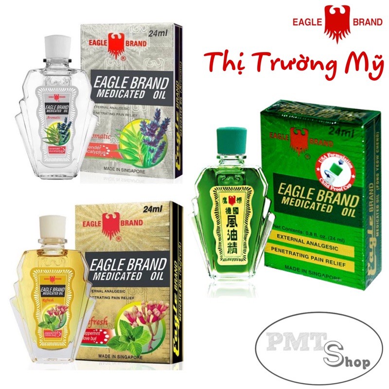 Dầu Gió Eagle Brand Medicated Oil (Con Ó) 24ml 2 nắp Xanh, Vàng, Trắng - Dành cho Thị Trường Mỹ