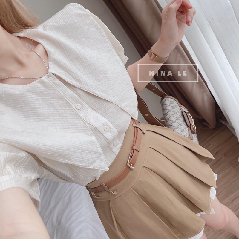 Set Áo Sơ mi Cổ Nhọn Mix Chân Váy Xếp Ly Nâu Chất Đẹp