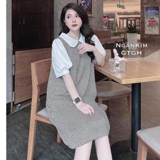 Váy bầu kẻ zigzag cổ sen tay bồng