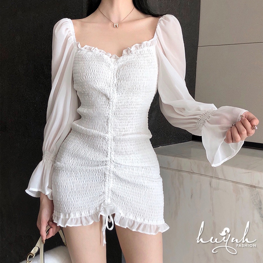 Váy body nhún dài tay, đầm body tay phồng đuôi cá cao cấp có ảnh thật - DNTD01