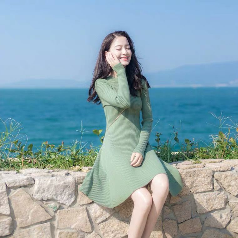 Đầm Sweater Dệt Kim Cổ Tròn Thiết Kế Thanh Lịch Cho Nữ