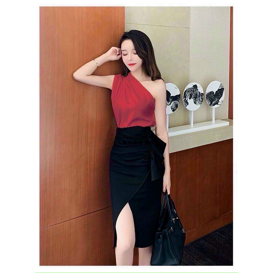 Set áo lệch vai và chân váy xẻ tà thời trang