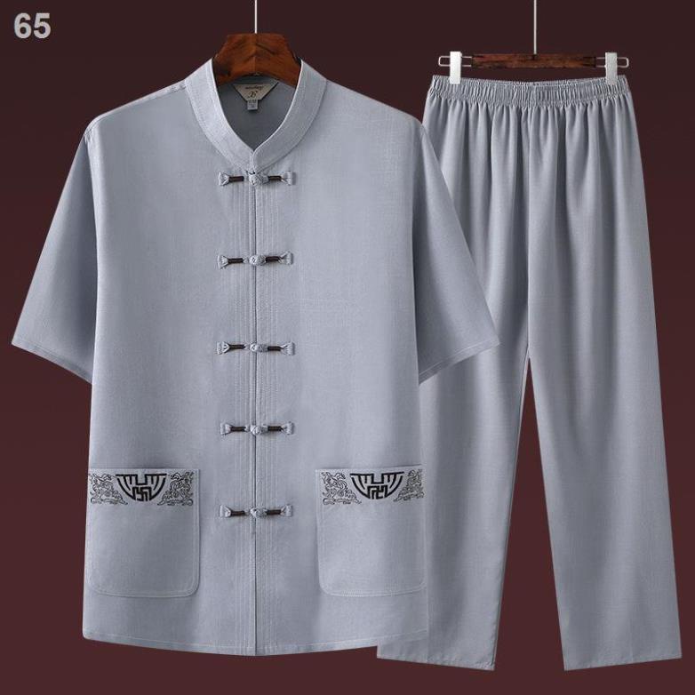 Nam Tang suit trung niên và Người cao tuổi cotton lanh Bộ đồ ngắn tay Phong cách Quốc của bố giới Quần áo ông nội m New