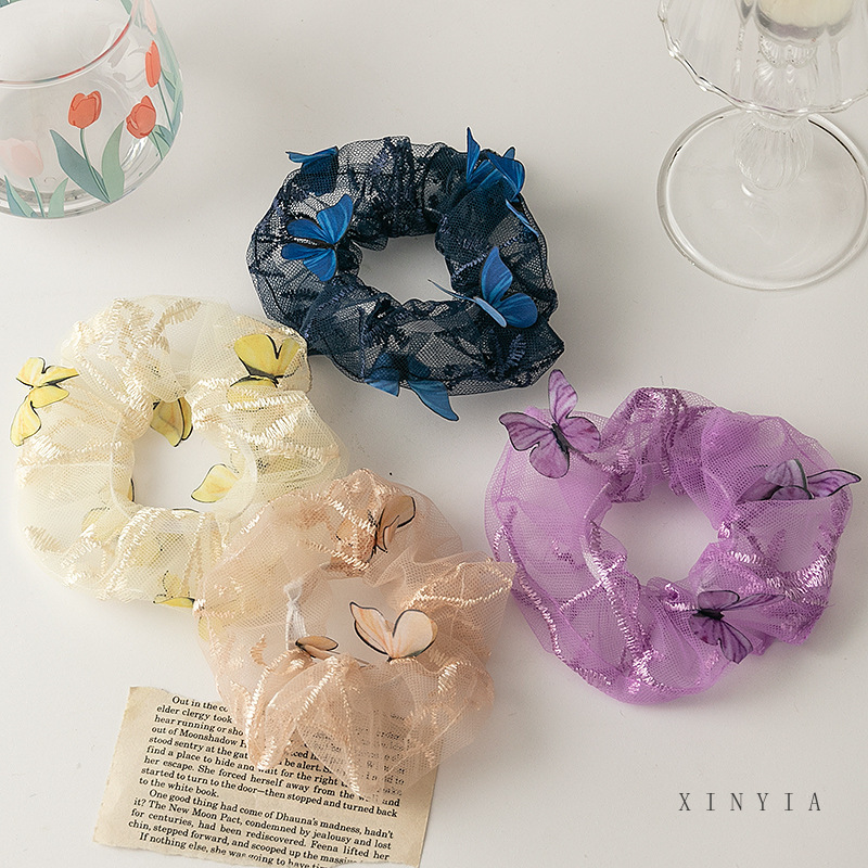 Dây buộc tóc co giãn phối vải lưới đính bướm nhiều màu sắc thời trang Hàn Quốc cho nữ