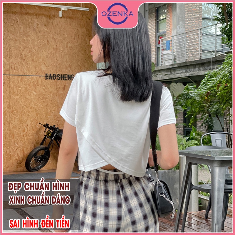 Áo croptop cộc tay lưng đắp chéo OZENKA , áo crt hở lưng 2 lớp chất thun gân 100% cotton đen trắng size dưới 50kg