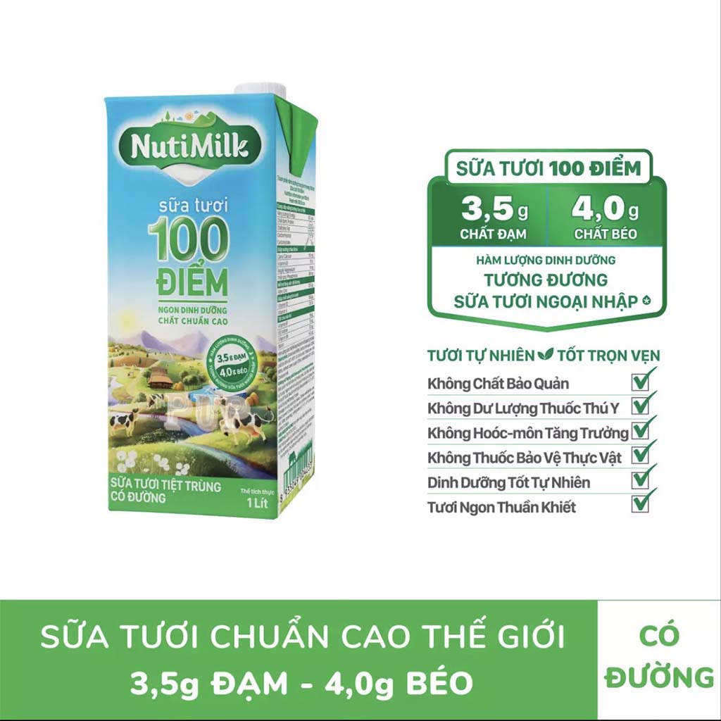 Sữa Tươi Tiệt Trùng 100 Điểm Có Đường Nutimilk 1 lít