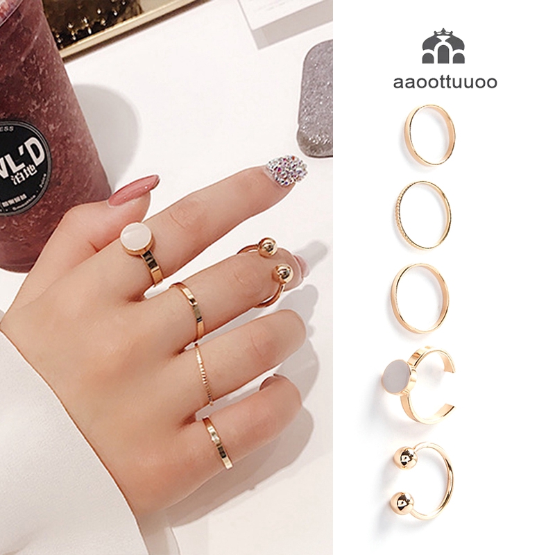 Set 5 nhẫn đính hạt pha lê kiểu hình học đơn giản màu vàng hồng dành cho nữ