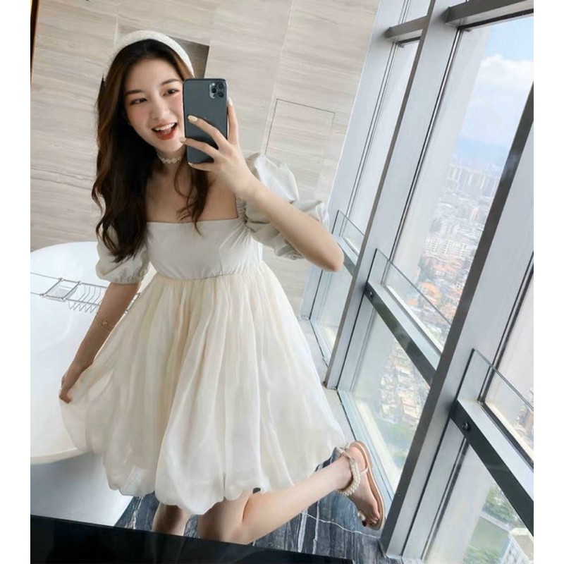 ĐẦM XOÈ CỔ VUÔNG TAY PHỒNG ĐAN DÂY LƯNG | BigBuy360 - bigbuy360.vn