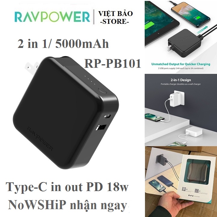 Pin dự phòng kiêm sạc tường RAVPower RP-PB101, dung lượng 5000mAh, PD 18W