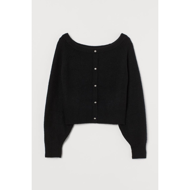 H&M Đức - Áo len đen cổ thuyền 0944018001 nút trang sức đính hạt tay phồng dài HM