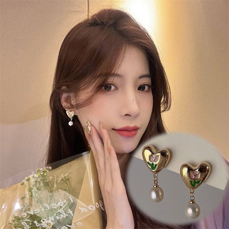 Bông Tai Hình Hoa Tulip Đính Ngọc Trai Kim Loại Thời Trang Cho Nữ