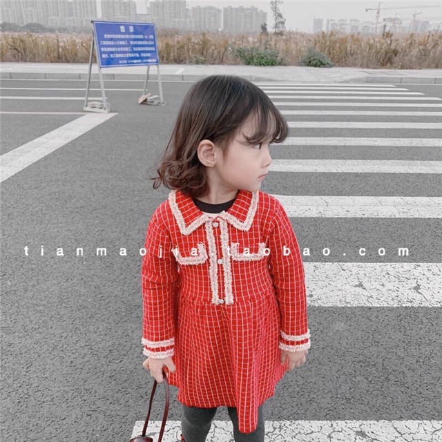Váy len đỏ kẻ caro hàng QCCC cho bé gái