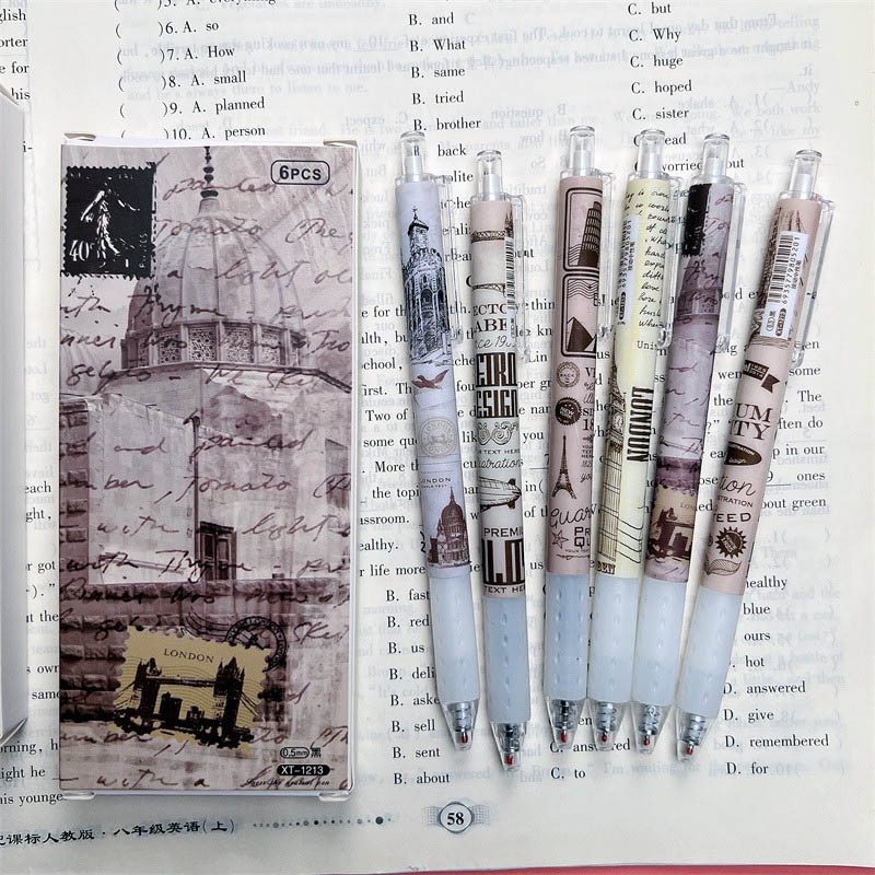 Set 6 Bút Bi Mực Đen Ngòi 0.5Mm Phong Cách Retro