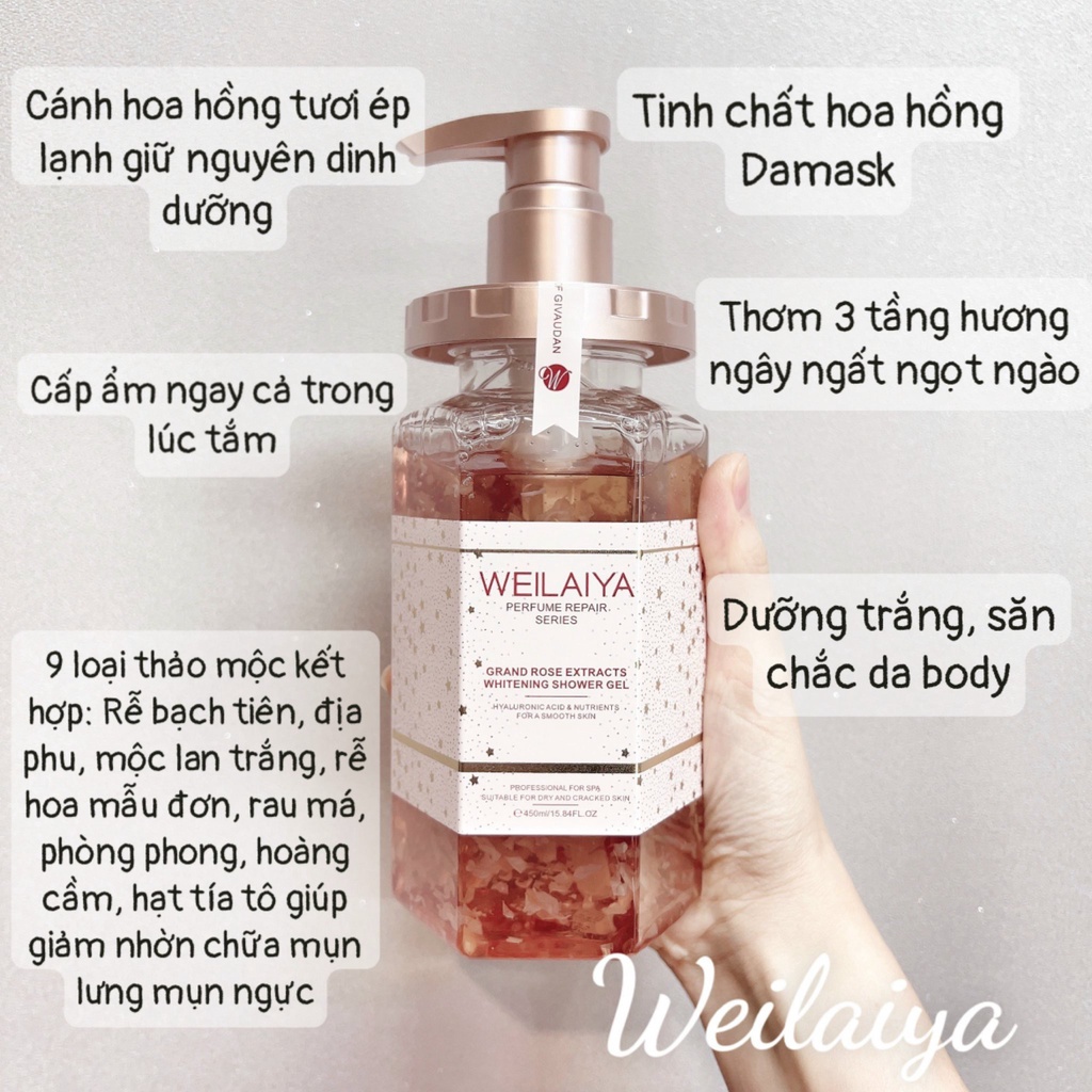 Sữa tắm Weilaiya trắng da cánh hoa hồng Damask 450ml Quynhanhspa20