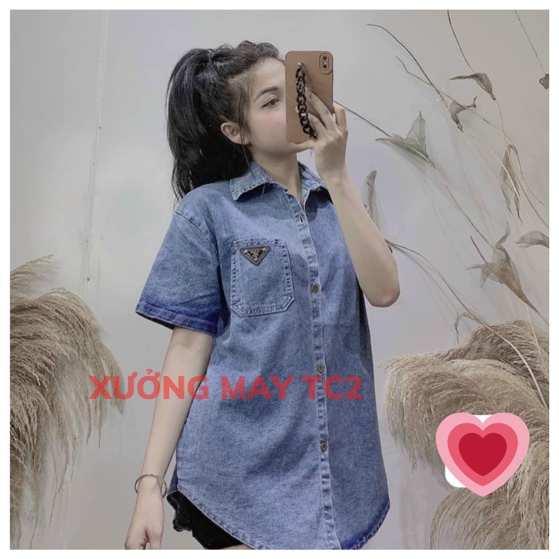 Áo sơ mi jean MẶT LOGO from rộng- áo bò demin ngắn tay phong cách ulzzang hàn quốc XƯỞNGMAYTC2