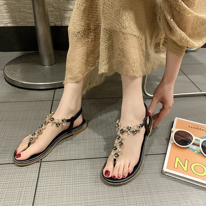 Giày Sandal Đế Bằng Đính Đá Thời Trang Xinh Xắn Cho Nữ