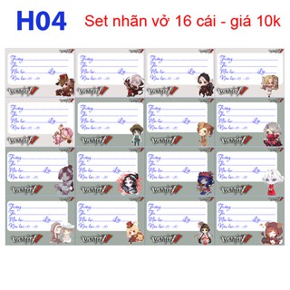Nhãn vở anime Identity V (1 set 16 nhãn vở )