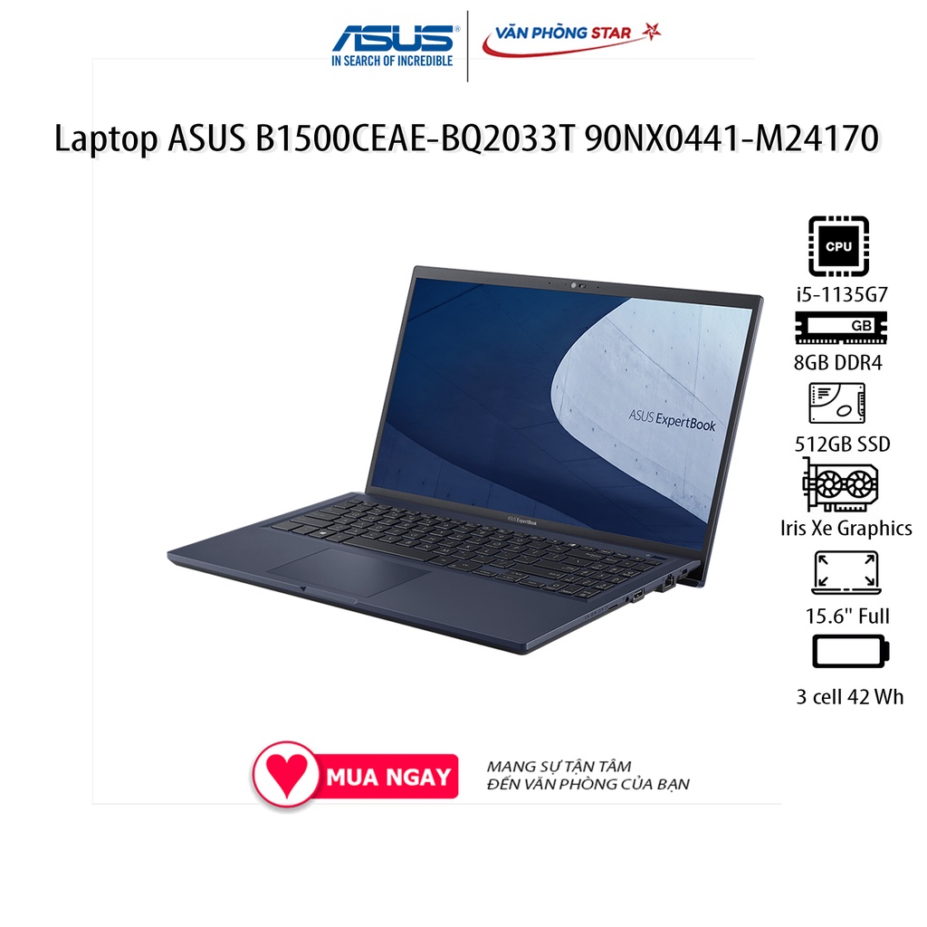 Laptop ASUS B1500CEAE-BQ2033T 90NX0441-M24170 (15.6&quot; Full HD/Intel Core i5-1135G7/8GB/512GB SSD/Windows 10 Home 64-bit)