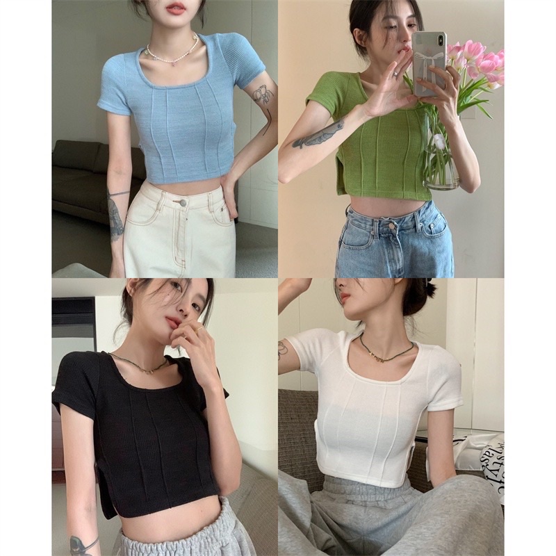 Áo thun nữ cổ vuông bo eo xẻ tà Michi, áo croptop nữ tay ngắn xẻ tà