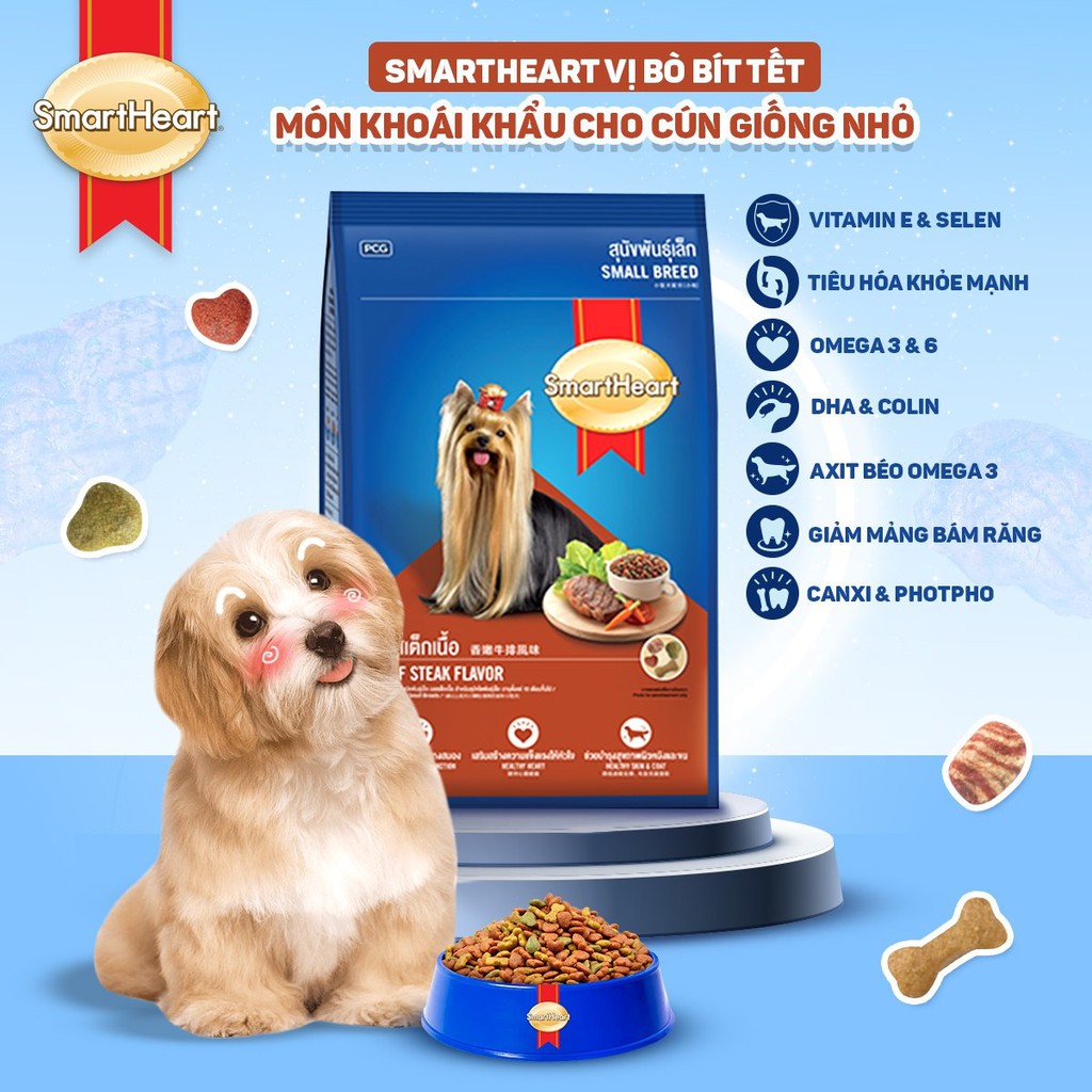 Hạt cho chó Smart heart vị bò 1,5kg 3kg thức ăn giống cho nhỏ poodle pug phốc corgi chihuahua bull