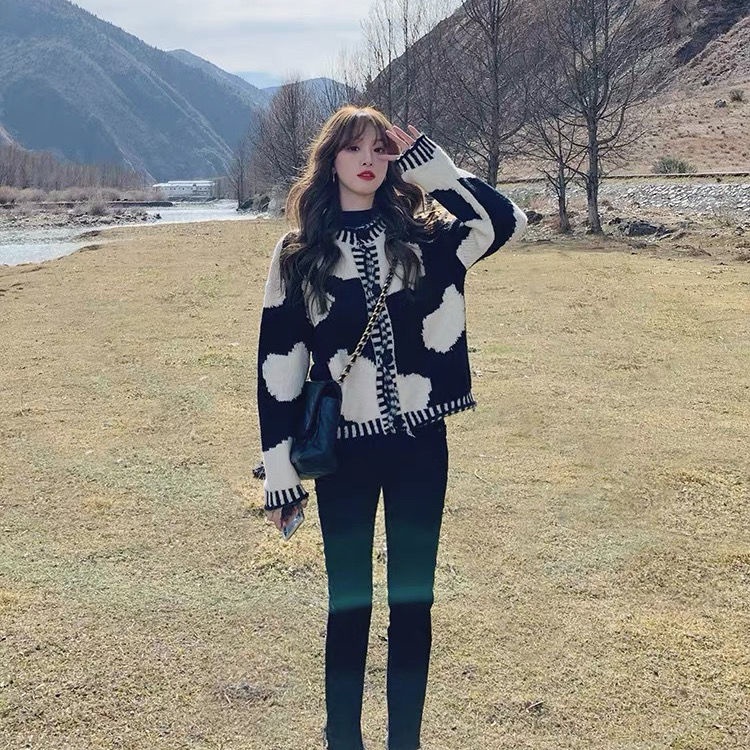 [Spot] Áo len phong cách retro Áo len dệt kim hàn quốc + quần âu nữ phù hợp