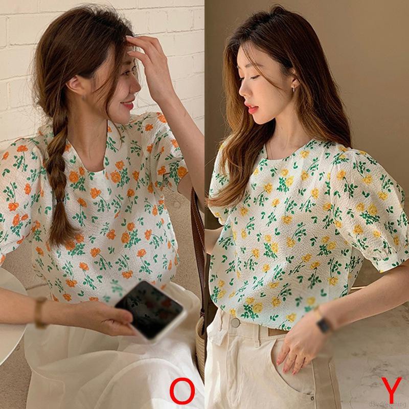 Áo Kiểu Tay Phồng Cổ Tròn Dáng Rộng In Hoa Thời Trang Cho Nữ