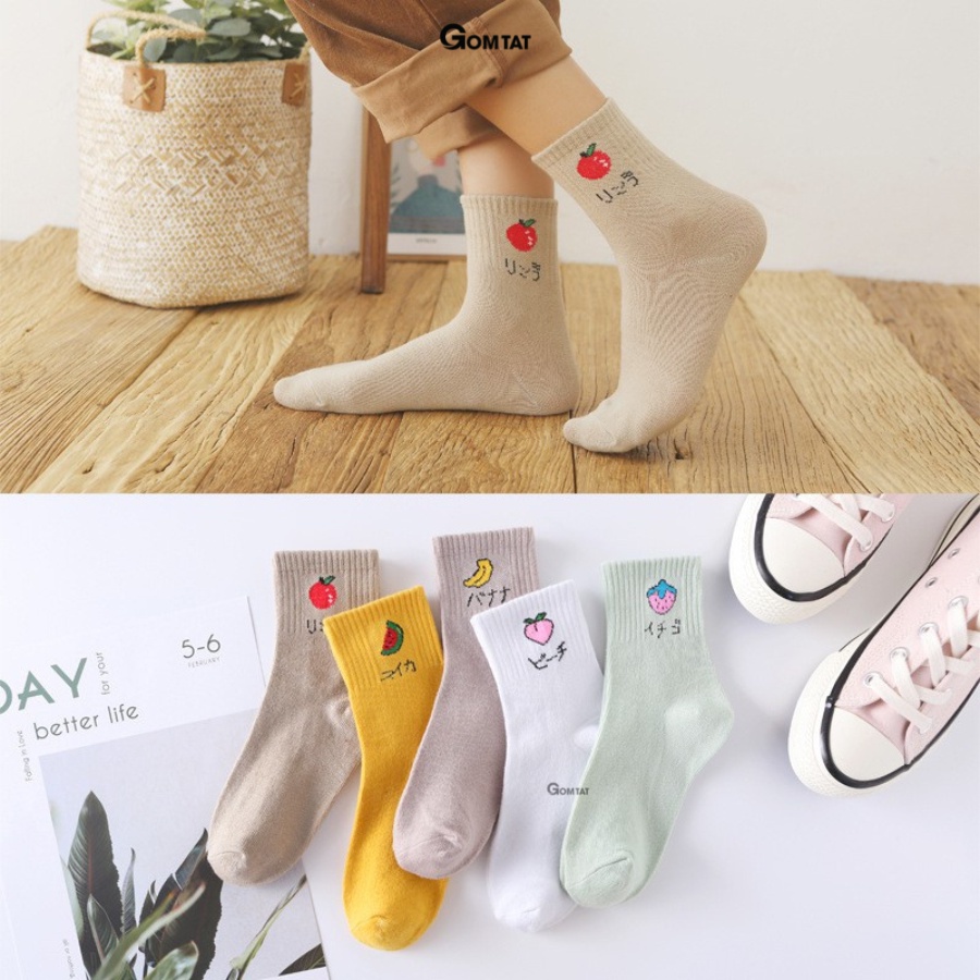 Set 5 Đôi Tất Nữ Cổ Cao GOMTAT Nhiều Màu Dễ Thương, Vớ Nữ Cao Cổ Họa Tiết Trái Cây  -CBCC71