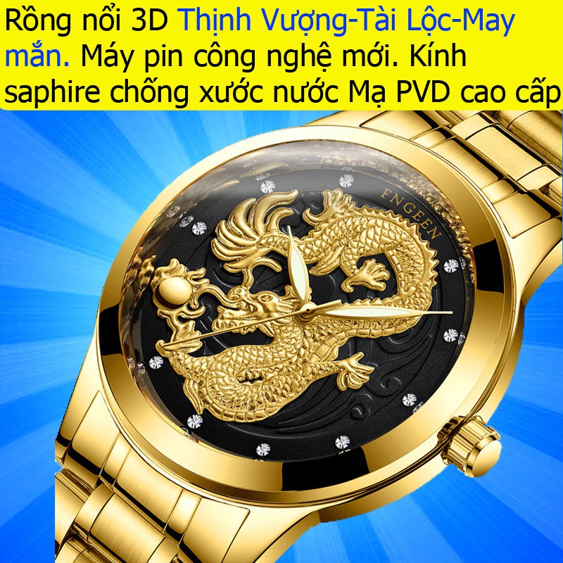 Đồng hồ nam đẹp mặt rồng nổi 3D mạ vàng chính hãng cao cấp giá rẻ mặt tròn đeo tay dây  kim loại