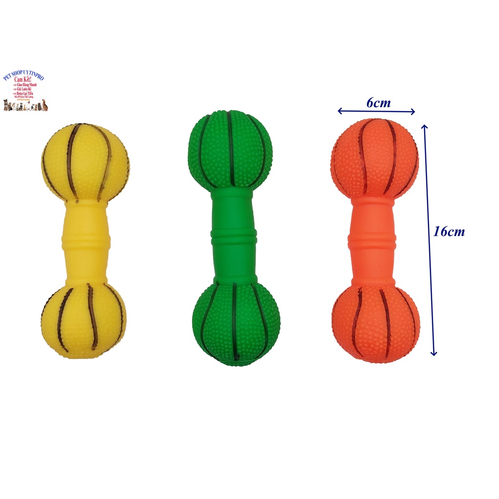 Đồ chơi cho Chó Hình quả tạ Dài 16cm In hình bóng bowling Phát ra tiếng kêu Chất liệu nhựa dẻo, Giúp thú cưng sảng khoái