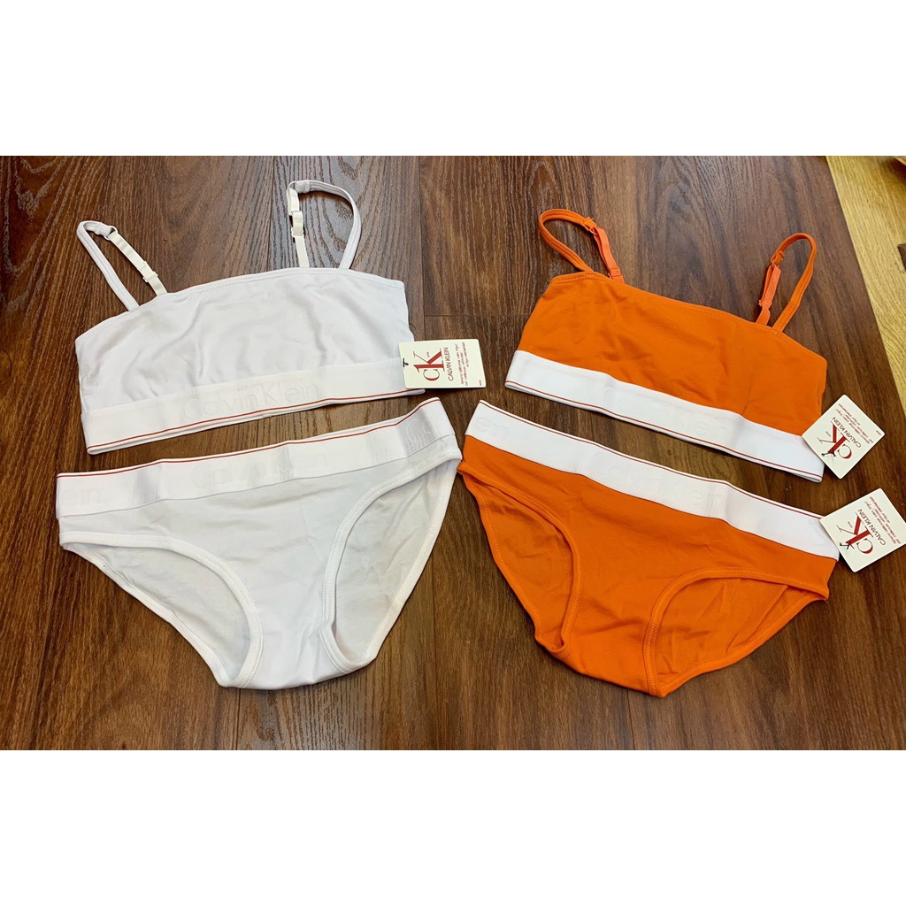 Set bộ lót thun 𝘊𝘒 áo ngang có mút màu cam đen mới 2022