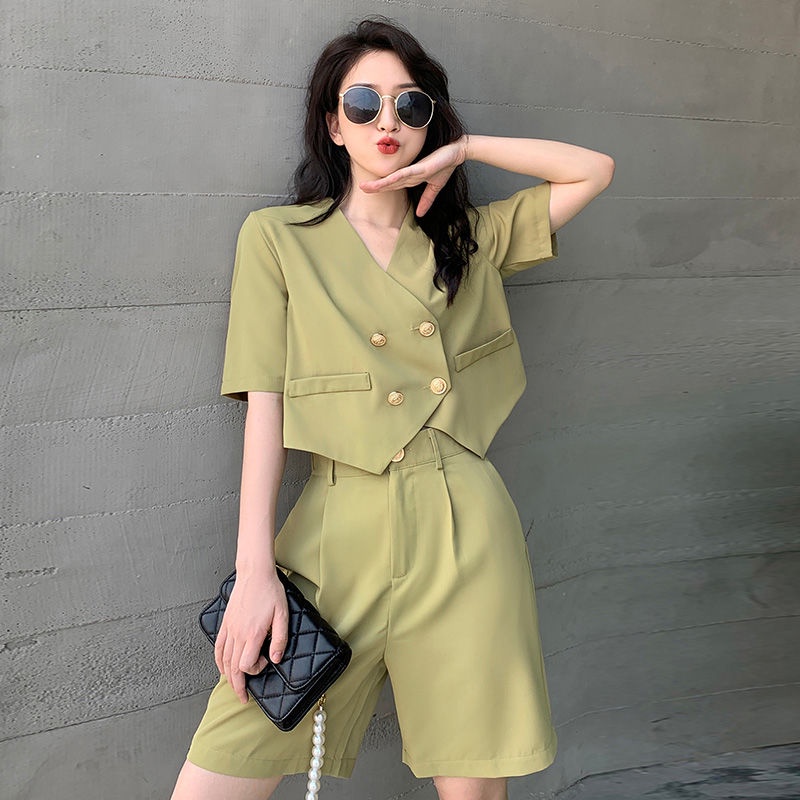 Set Áo Khoác Blazer Ngắn Tay + Quần Short Màu Trơn Thời Trang Công Sở Cho Nữ