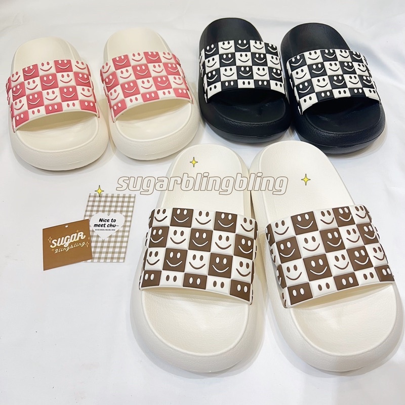 Dép bánh mì, Dép quai ngang mặt cười kẻ caro phong cách ulzzang | Sugarblingbling