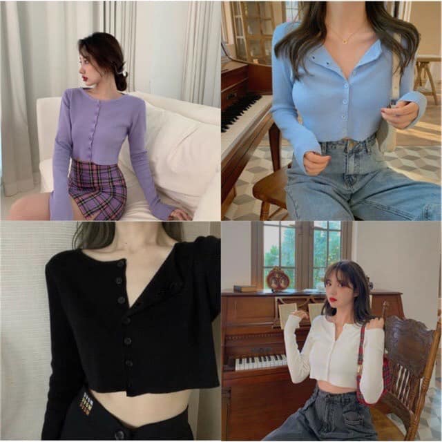 Áo Croptop YAN Cổ Tim Tay Dài Phối Khuy Unisex (7 MÀU)