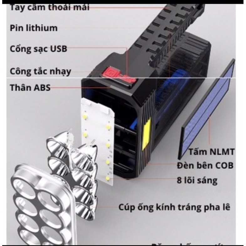 Đèn pin cầm tay 8 bóng siêu sáng❤️ FREE SHIP❤️ có pin tích điện năng lượng mặt trời kèm sạc điện