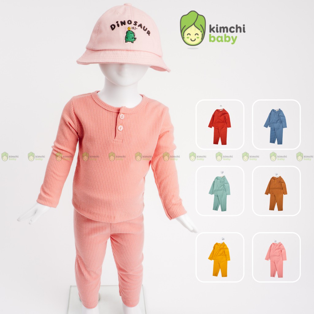 Bộ dài tay cho bé gái, bé trai minky mom vải thun gân trơn sọc dọc cúc cổ - ảnh sản phẩm 1