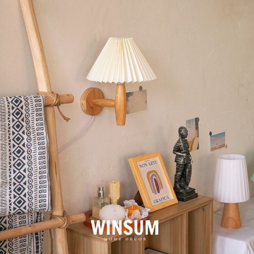 Đèn tường phong cách vintage, chụp đèn vải xếp li, thân gỗ sồi - winsum.decor