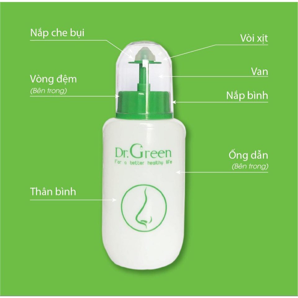 Bình rửa mũi Dr Green 240ml + 40 gói muối biển Nha đam hỗ trợ viêm xoang, viêm mũi, viêm mũi dị ứng - Shop HK PHARMA