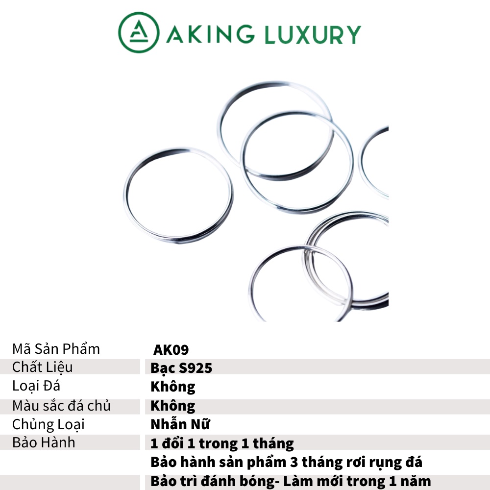 Nhẫn nữ AKING LUXURY AK09 cao cấp, nhẫn nữ trơn bạc ta, chỉ trơn mảnh. Nhẫn bạc mới nhất 2021.