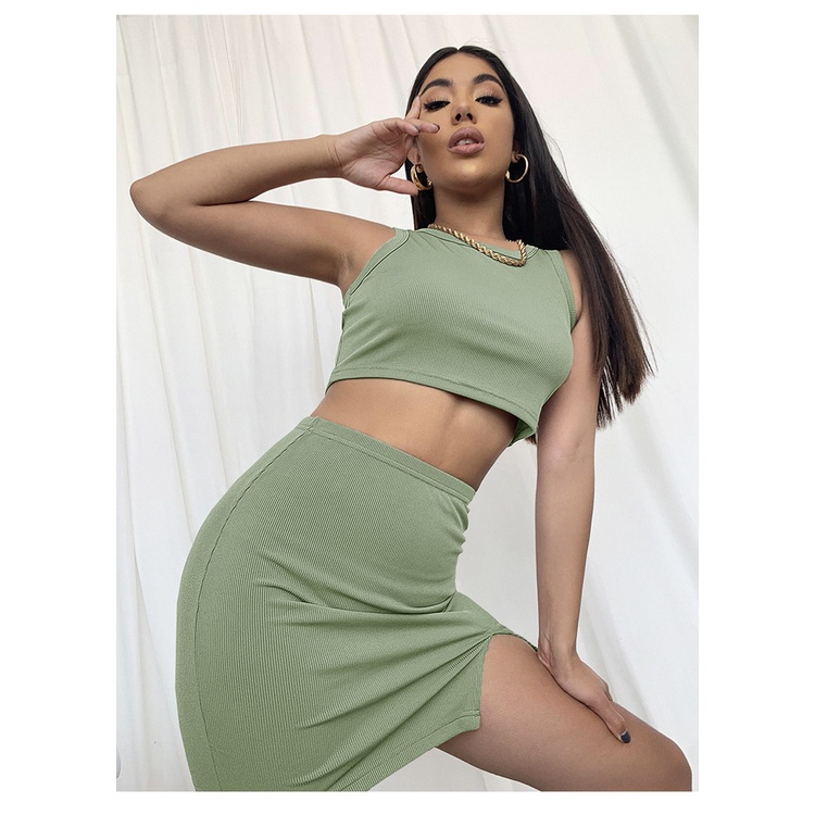 Bộ Áo Tank Top Cổ Tròn + Chân Váy Lưng Cao Xẻ Tà Thời Trang Dành Cho Nữ