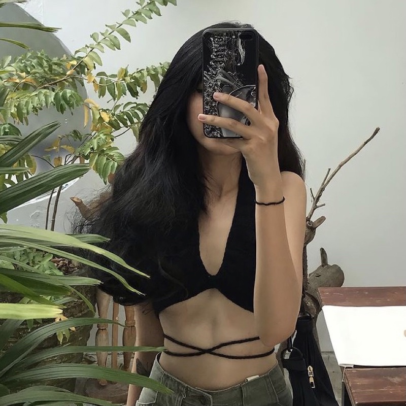 Áo len dáng bra đen dây thắt eo hàng handmade