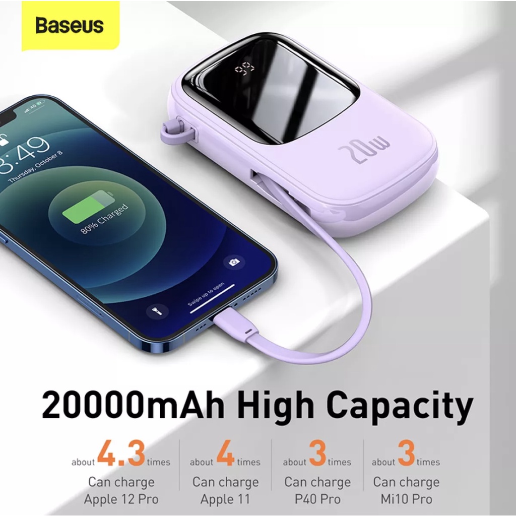 Pin dự phòng BASEUS PPQD20I QPOW Digital Display 20000mAh tích hợp cáp Lightning PD 20W, 1C PD/ PPS 20W &amp; 1A SCP 22.5W