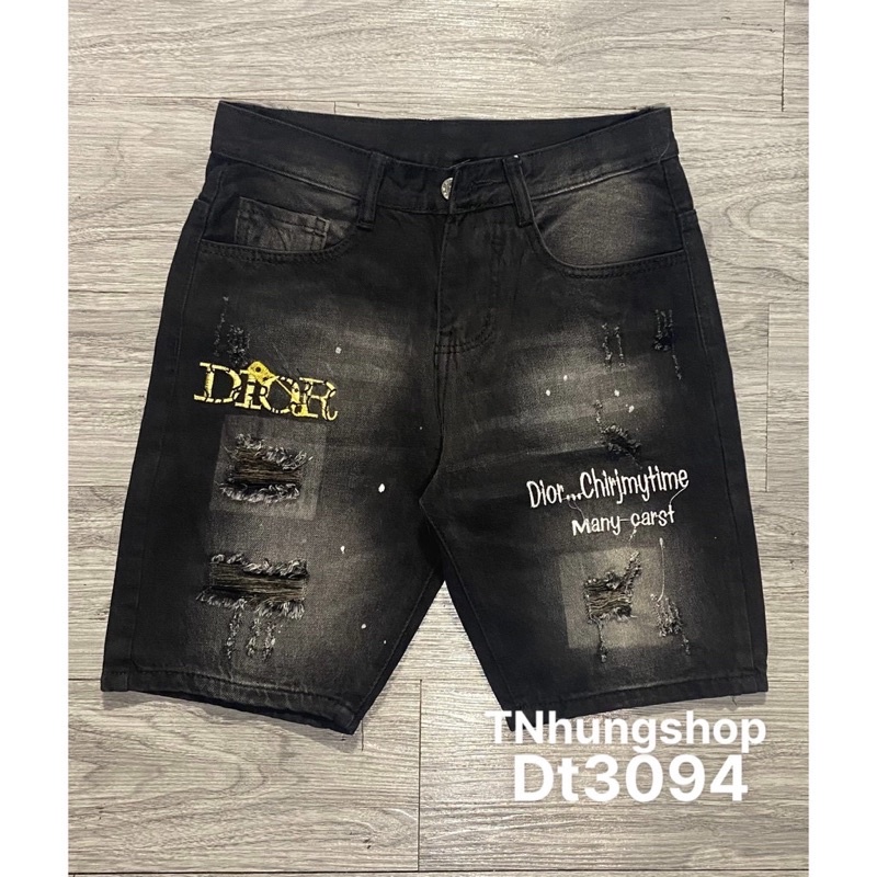 Quần short jean nam jean nam đen rách thêu logo vải dày form đẹp chất bò co dãn cao cấp