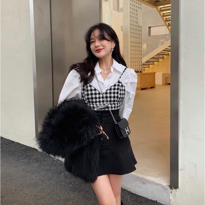 SET 3 món áo sơmi mix chân váy đuôi cá kèm áo 2s kẻ thời thượng