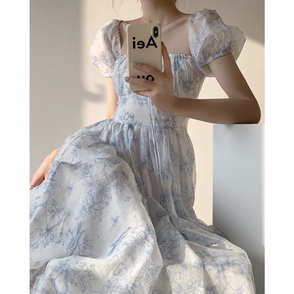 Đầm Hoa Tay Phồng Cổ Vuông Thời Trang Mùa Hè Mới Xinh Xắn Cho Nữ