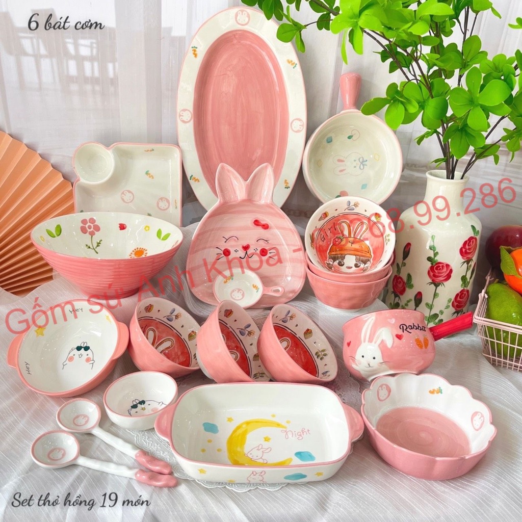 Sét Bát Đĩa sứ Decor Chén Dĩa Sứ Dễ Thương Cute Cao Cấp cực kỳ xinh yêu Bộ thỏ hồng 19 món trang trí món ăn siêu đẹp.