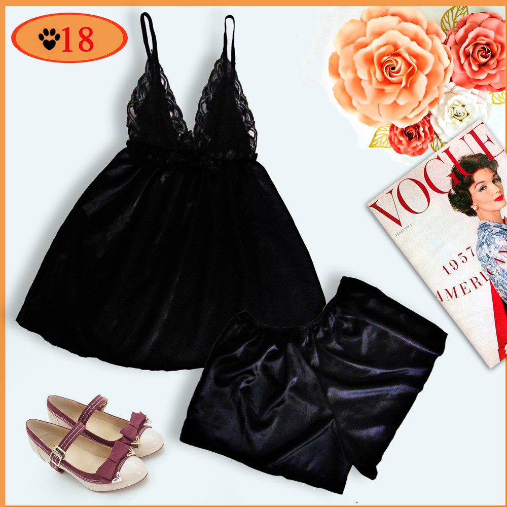 Đồ ngủ sexy satin hai dây phối ren bigsize