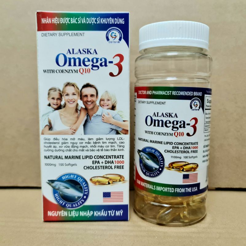 Dầu cá Alaska omega 3 with coenzym Q10 hộp màu trắng gia đình Hộp 100 viên