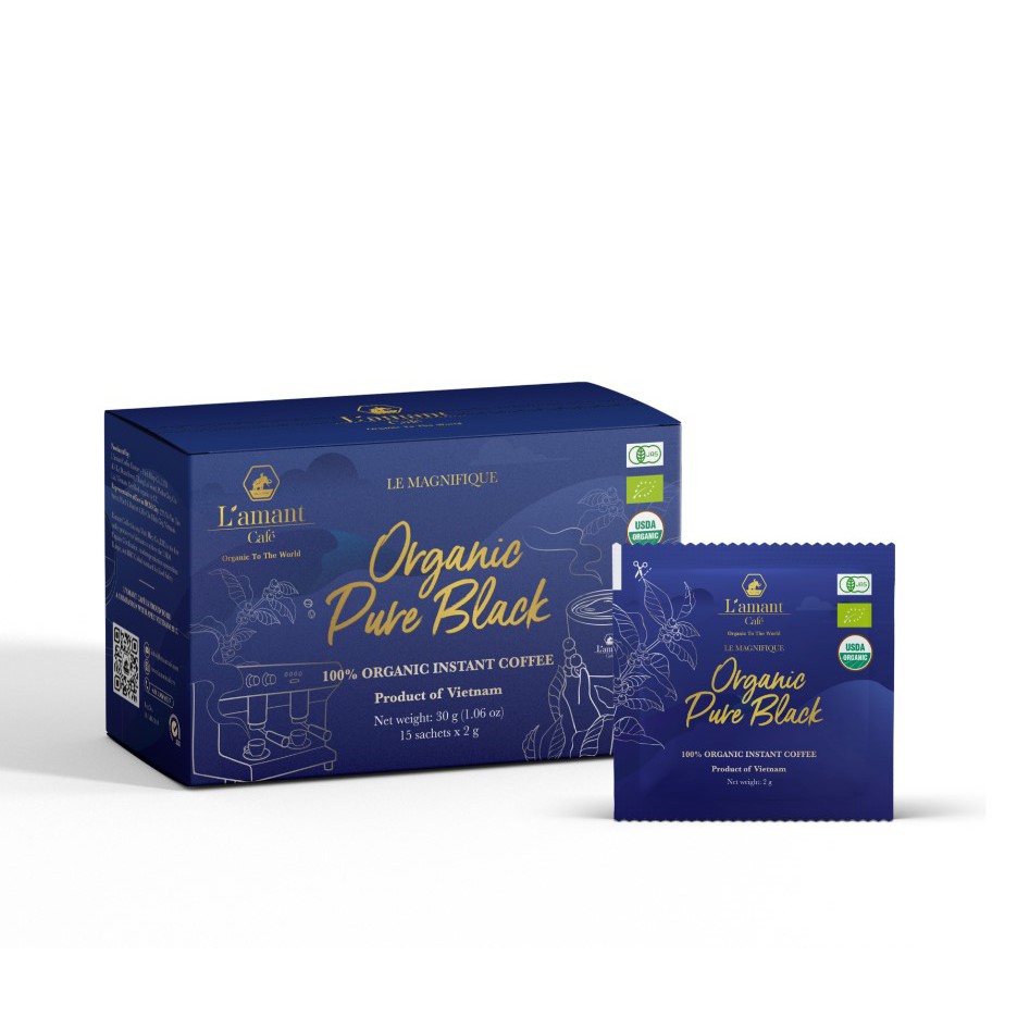 Cà phê hòa tan đen hữu cơ nguyên chất Organic Pure Black (15 gói x 2gr) - L'amant Café Organic Pure Black instant coffee